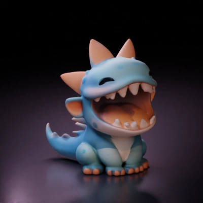 Cartoonish dinosaur monster with big teeth.