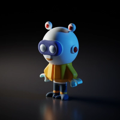 Robot avatar with a smiling face and large eyes. The robot is blue, the clothes are yellow and black