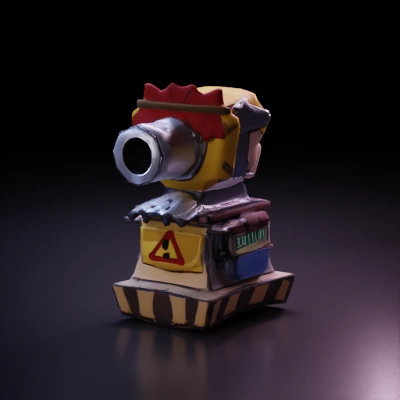 Cartoonish cannon turret, thick barrel, rugged design.