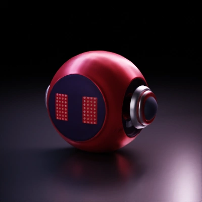 Rounded robot head with digital eyes.