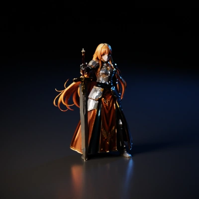 Female knight with sword in cathedral.