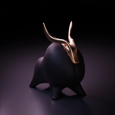Bull statue with large horns.