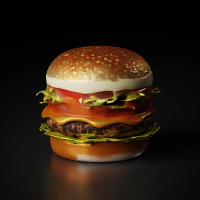 Rich layered hamburger with lettuce, tomato, and cheese.