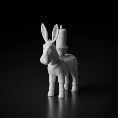 Ceramic donkey figurine carrying a candle. Symmetric geometry, smooth edges, simple geometry.