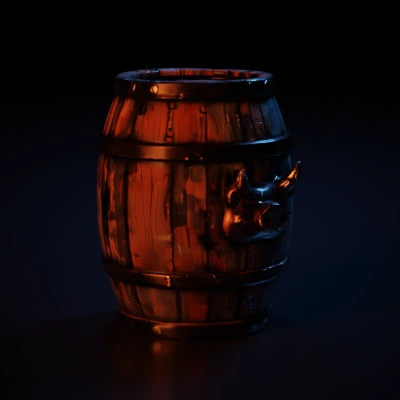 Wooden barrel with pig face carving.
