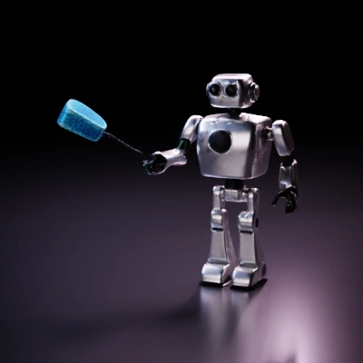 Humanoid robot holding a brush.