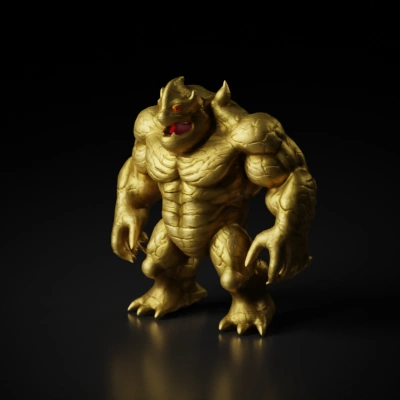Muscular stone monster with fangs, angry expression.