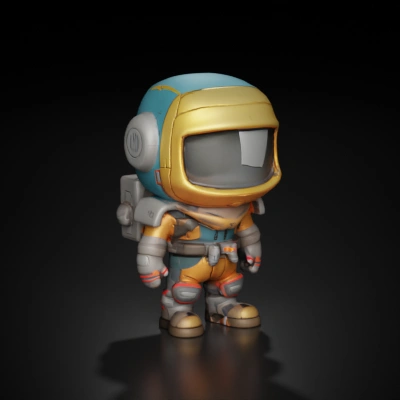 Space explorer character, detailed suit, helmet, backpack.