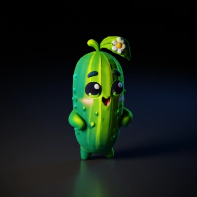 Cartoon cucumber character with flower on head.
