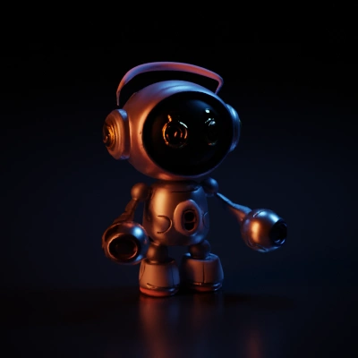 Robot with headphones, musical note on screen, friendly appearance.