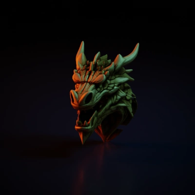 Detailed wooden dragon head sculpture.