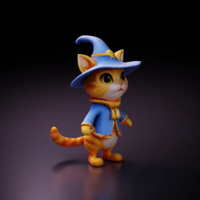 Cartoon wizard cat in robe and hat.