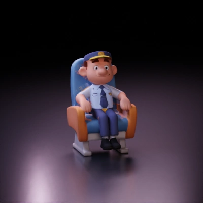 Police officer, friendly cartoon style character in a chair.