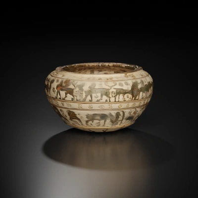 Ancient vessel with lion artwork, ceramic material.