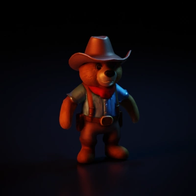 Anthropomorphic bear in cowboy attire, cute design.