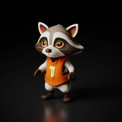 Cartoon raccoon character wearing orange vest.