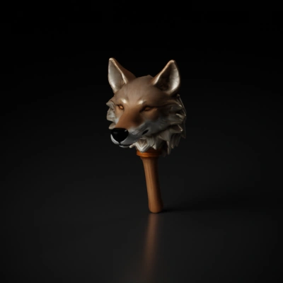 Wolf head walking stick handle, victorian style, metallic color.