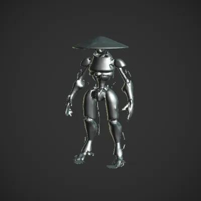 Weathered humanoid robot, red eye, mechanical details. complex geometry, character.