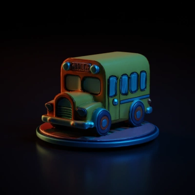 Cartoon-style school bus with friendly design.
