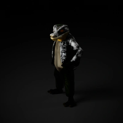 Anthropomorphic alligator in casual clothing.