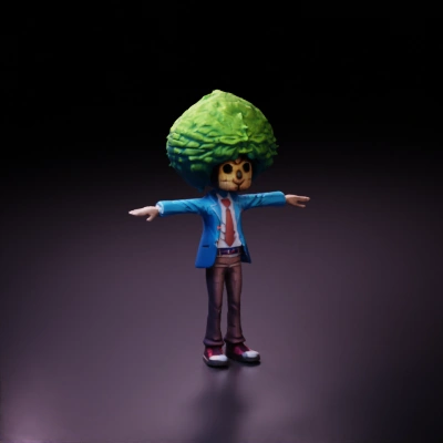 Tree-headed humanoid wearing school uniform, outstretched arms, stump nose, anime style.