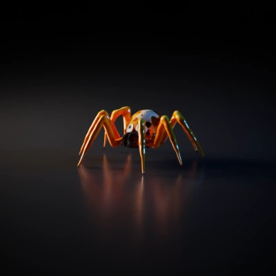 Cartoonish spider with big eyes, multiple legs.