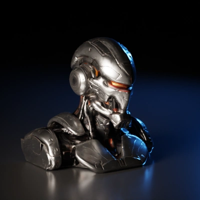 Cyborg with mechanical exoskeleton, futuristic design.