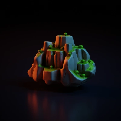 Low poly stylized rocky terrain with vegetation.