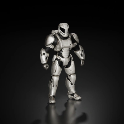 Battle-ready armored exosuit with helmet, detailed plating.