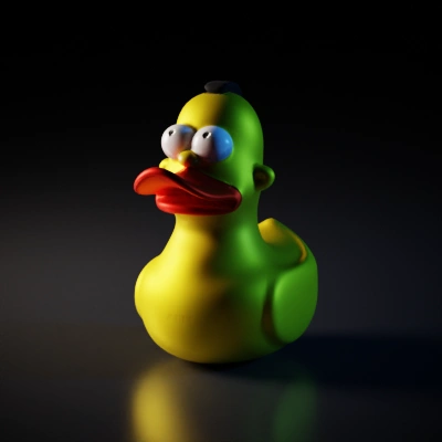 Rubber duck with exaggerated features and big eyes.