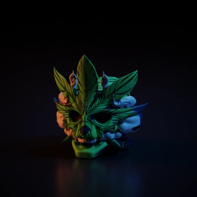 Skull with marijuana leaves and smoke.