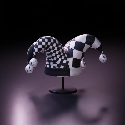 A black and white jester hatt with one half having a square patern and the other being fully white and instead of bells at the ens of the hat having small white balls with happy and sad faces