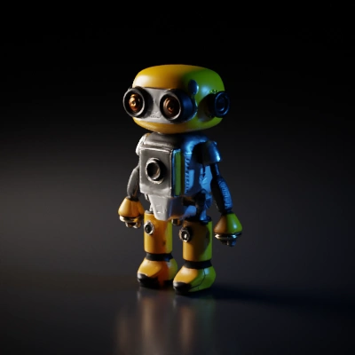 Small, friendly robot with large eyes, simple design.