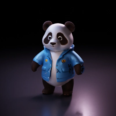 Panda character in blue jacket, standing.
