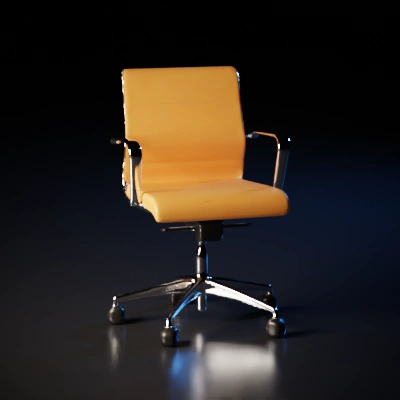 Office chair with armrests, adjustable height, rolling wheels.