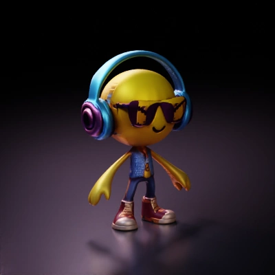Smiling emoji character with headphones and sunglasses.