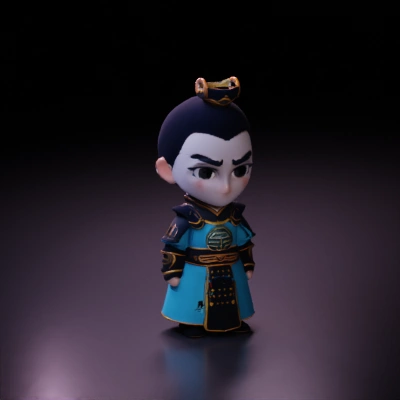 Chibi warrior king in traditional attire.