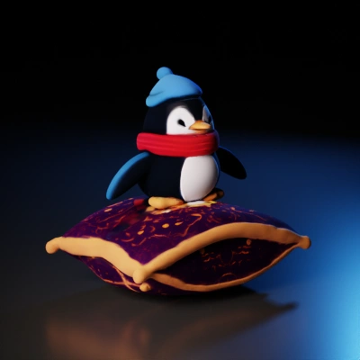 Cartoon penguin on a cushion, wearing accessories.