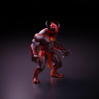 Muscular demonic creature with horns and fiery accents, humanoid.
