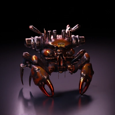 Steampunk robotic crab with mechanical claws and gears.