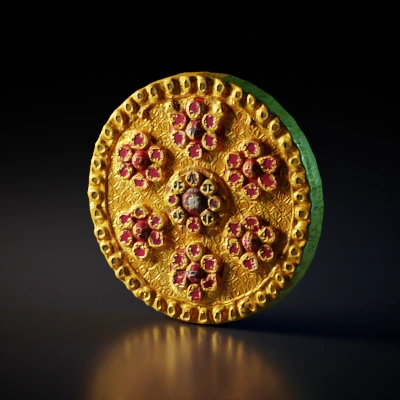 Ornamental circular jewelry with floral patterns.