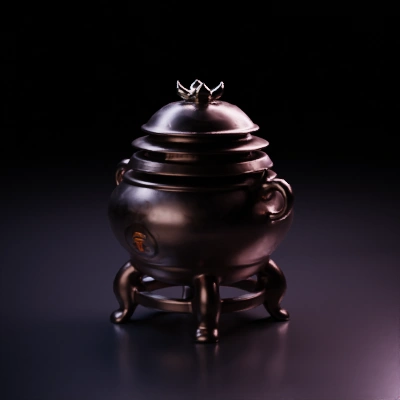 Ornate ancient cauldron with intricate designs, handles, and standing base.