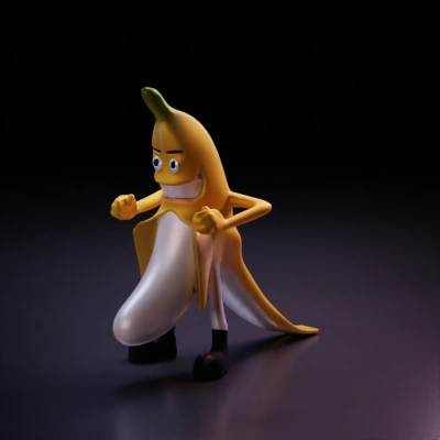 Banana character with arms and legs, cartoonish.