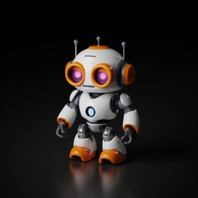 Cute, futuristic robot with glowing eyes, friendly design.