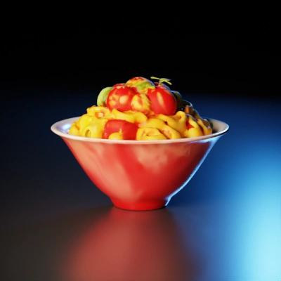 Bowl of pasta with tomatoes and basil.