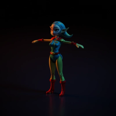 Elf character in futuristic outfit, cartoon style, t-pose, arms spread.