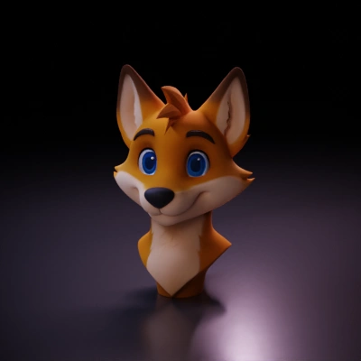Cartoon fox character bust with blue eyes.
