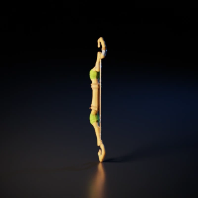 Wooden fantasy bow, rustic, intricate detailing.