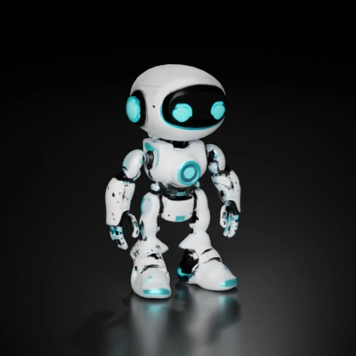Friendly humanoid robot with glowing blue lights.
