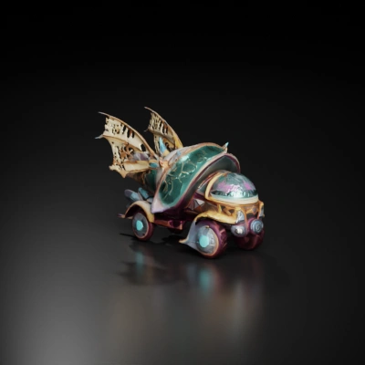 Fantasy-themed carriage with wings, fairy tale style.